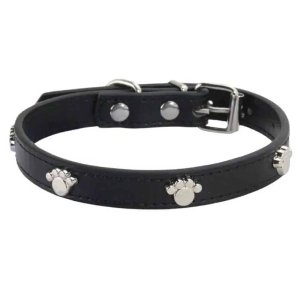 Premium PU Leather Durable Adjustable Dog Collar with‎ Paw Decoration Large